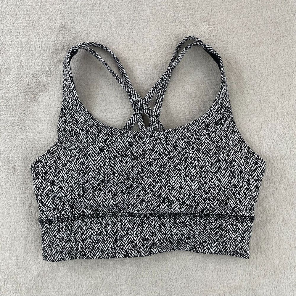 Lululemon Energy Bra Long Line Women 4 Scattered Herringbone Black White Active